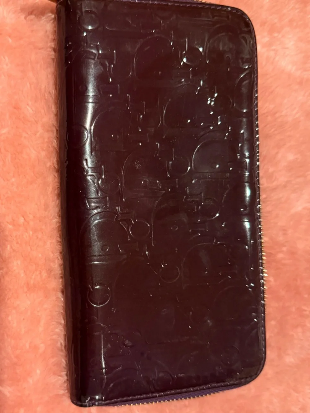 Authentic Dior Purple Patent Leather Trotter Long Zip Wallet.